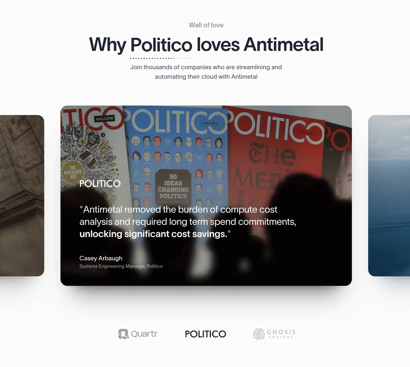 Antimetal's Testimonial Carousel