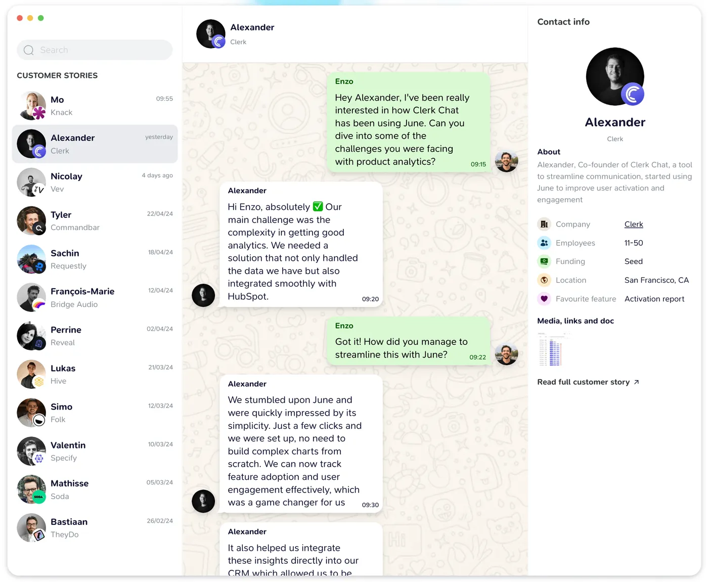 June's Chat-Style Customer Stories