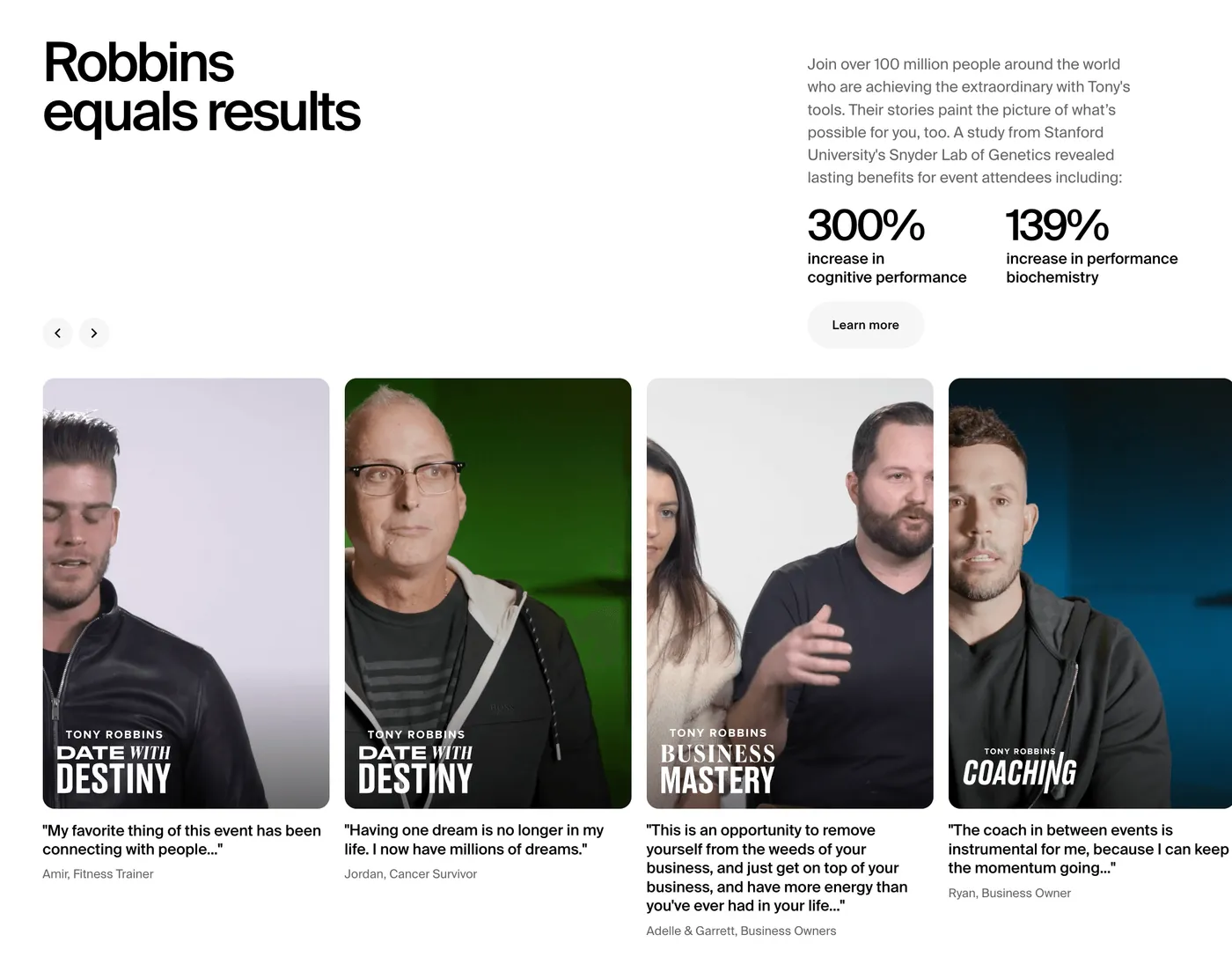 Tony Robbins' Video Testimonial Carousel